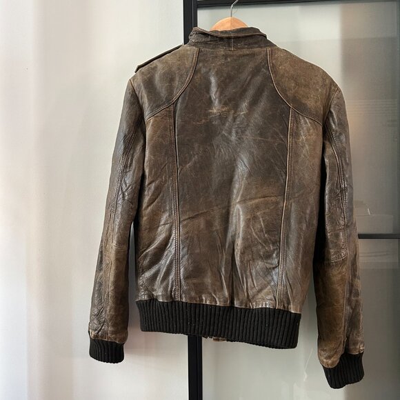 Zara Leather Bomber Jacket Olive-Brown, Medium - Picture 3 of 3